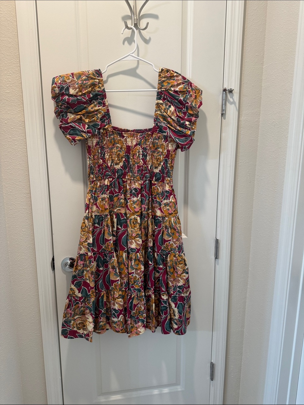 Floral Puff Sleeve Women’s Dress in Mustard & BurgundyWith Pockets